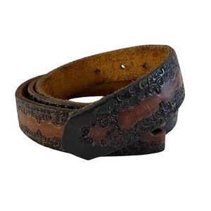 Vintage Leather Belt with Embossed Design, No Buckle